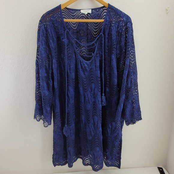Siren Lily Swim Coverup Womens Plus 2x Blue Crochet knit with Tassels Popover - Picture 1 of 10